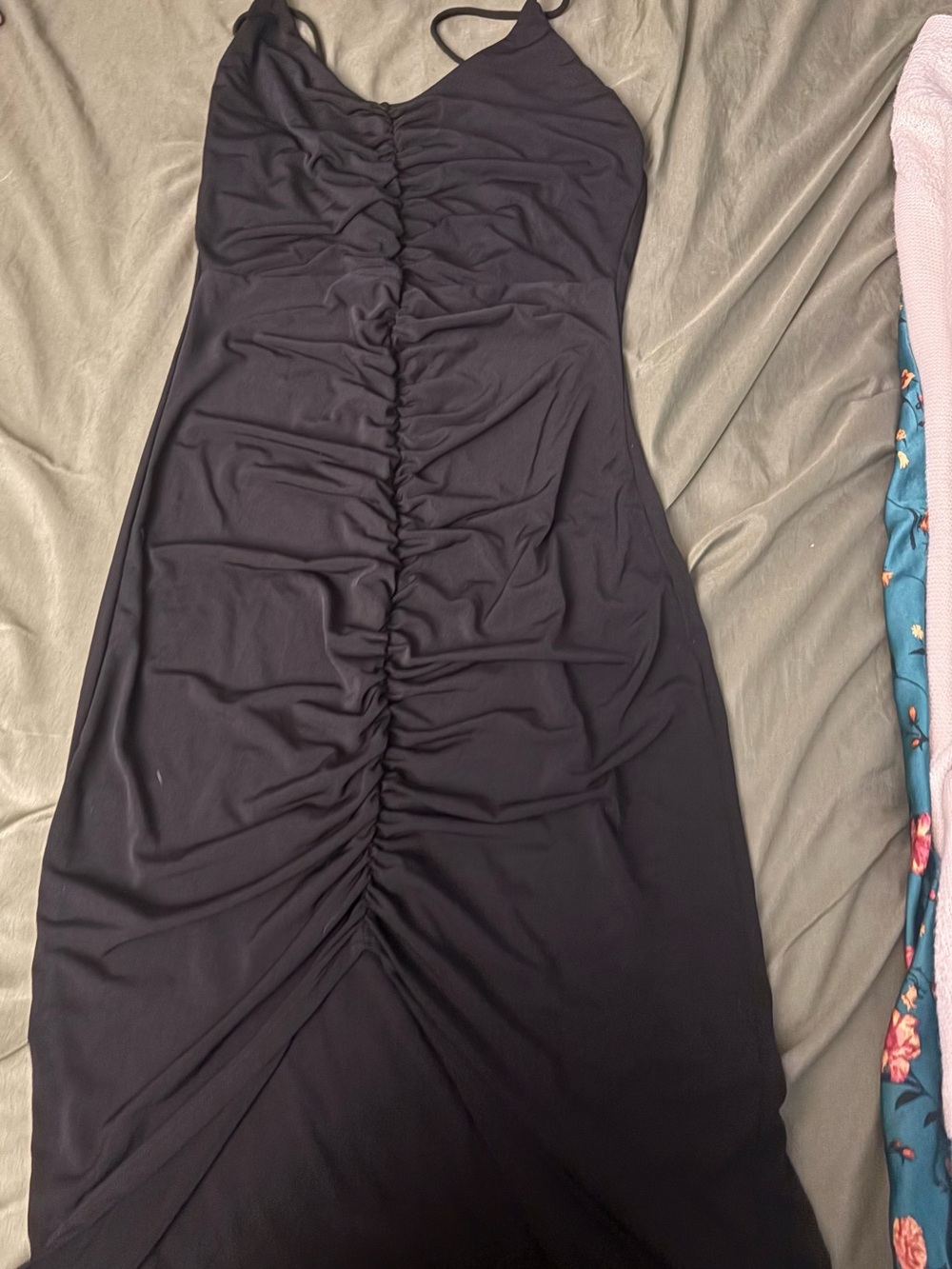 Black Ruched Slip Dress with Spaghetti Straps